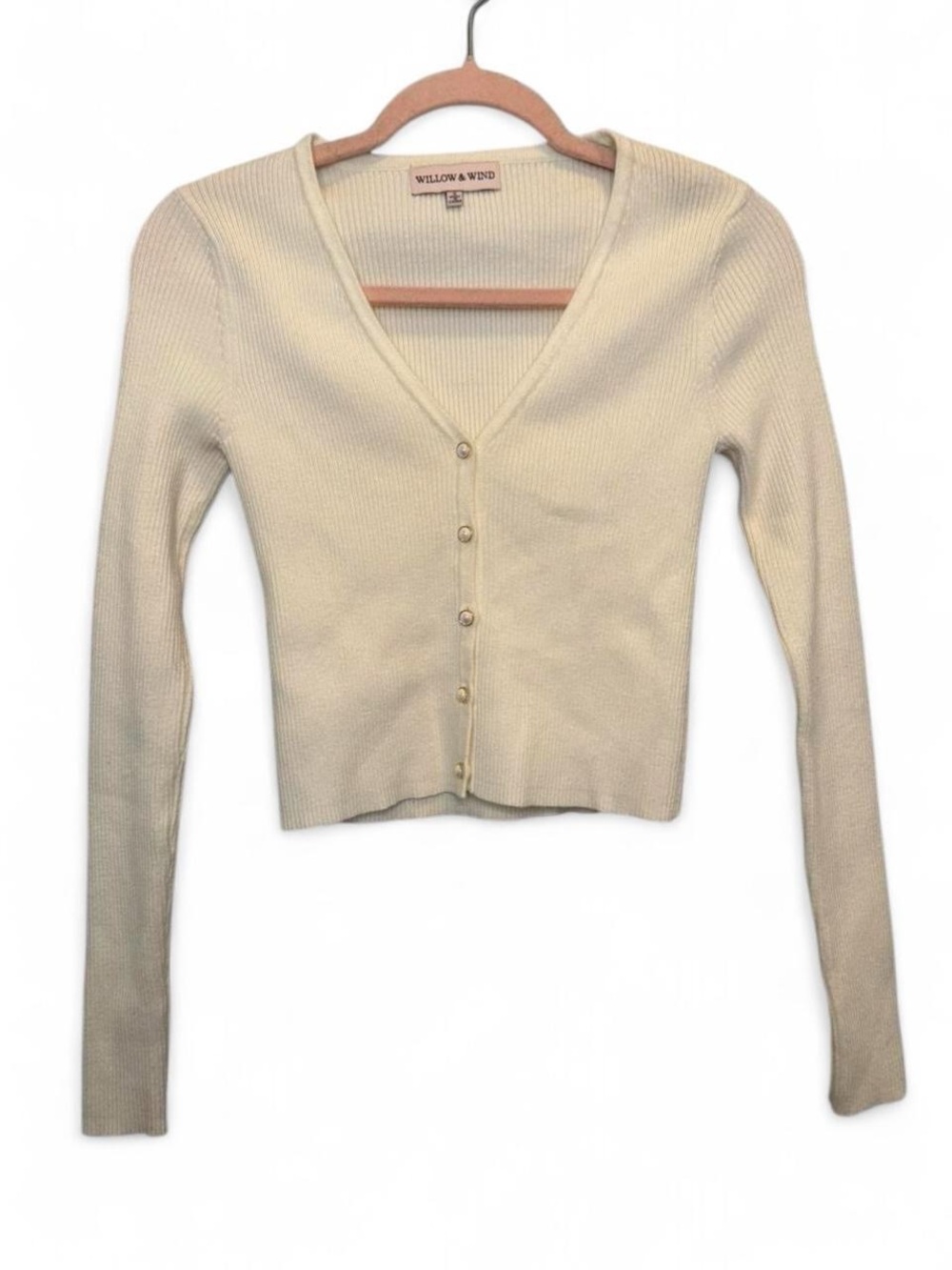 Willow & Wind Off White Cream Ribbed Cropped V Neck Cardigan Pearl Like Buttons